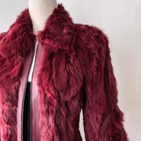 Vintage 70s Genuine Rabbit Fur & Leather Coat Long Jacket Sz M Maroon Burgundy - Picture 7 of 12